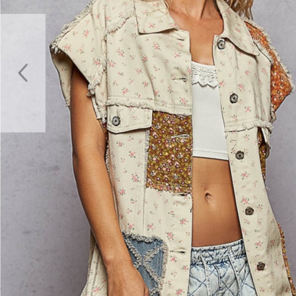 Floral Patchwork Cream Sleeveless Denim Jacket